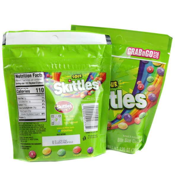 Sour Skittles 7.2oz bag, colorful chewy rainbow candy with a sour sugar dusting.