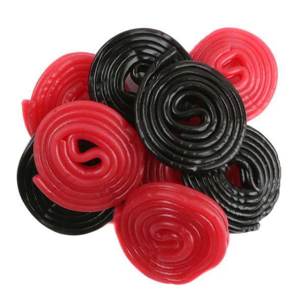 Gerrit Verburg red and black licorice wheels, 1.5 inch diameter, approximately 45 per pound.
