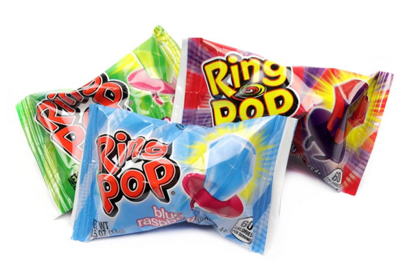 40 Ring Pops Fruit Box, assorted red, green, blue wearable lollipops with large candy jewels.