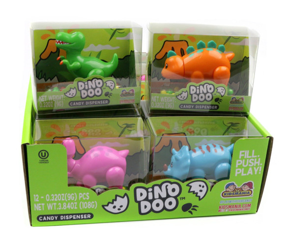 12 Dino Doo Candy Dinosaurs, silly dinosaur candy pieces, each filled with small hard candies.