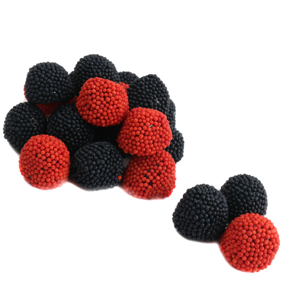 Clever Candy red and black gummy berries, nonpareil covered, raspberry flavor. Approx 95 pieces per pound.