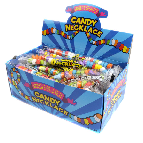 Bright rainbow colored candy necklaces, 24 count individually wrapped.
