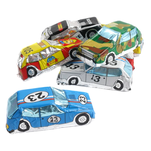 100 colorful foil-wrapped milk chocolate mini cars in various race car designs, ideal party favors.