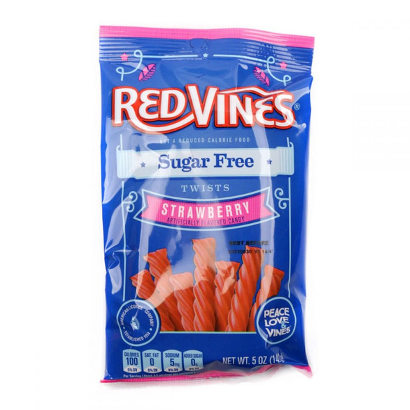 6-pack Sugar Free Red Vines red licorice twists, 5oz bags, bright strawberry flavor, USA made.