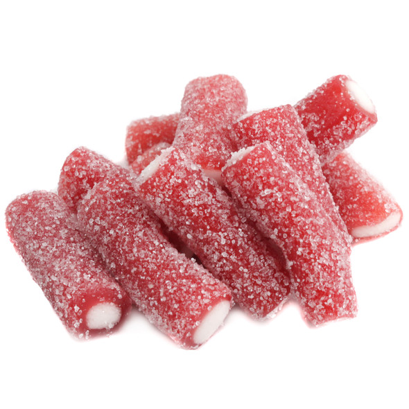 Approx. 150 red, sour strawberry licorice pencil bites, cream-filled and coated in sour sugar.