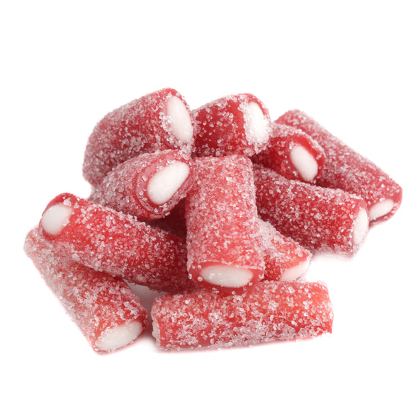 Sour strawberry licorice pencil bites, cream-filled, red and white, coated in sour sugar, numerous pieces.