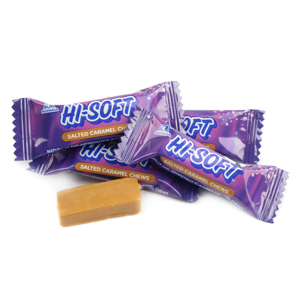 Hi Chew Hi-Soft Salted Caramel Chews, soft, chewy, individually wrapped, approx. 90 caramel-colored pieces per pound.
