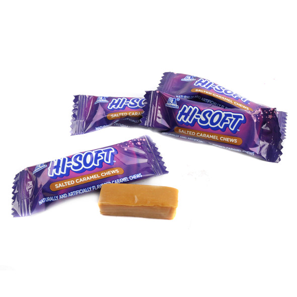 Hi Chew Hi-Soft Salted Caramel Chews, individually wrapped, chewy, soft, golden-brown, approx 90 pieces per pound.