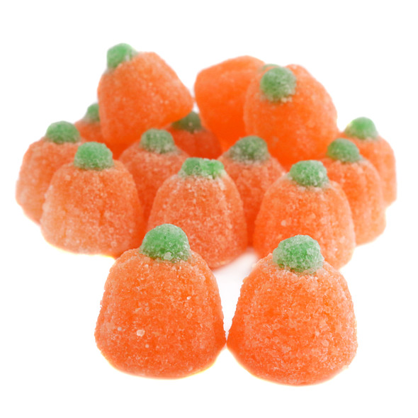 Vibrant orange sour pumpkin jelly gumdrop candies, sugared. Tangy Halloween treats, approx 65 per pound.