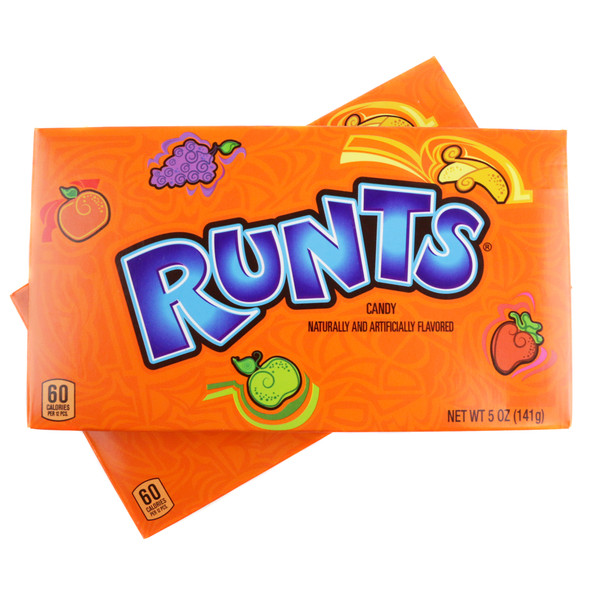 12-pack Runts Theater Boxes, 5oz each. Rainbow fruit-shaped pressed candy: banana, grape, orange, strawberry, green apple.