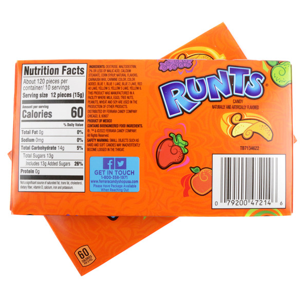 Runts candy, 12 theater boxes. Assorted crunchy fruit shapes: yellow banana, purple grape, orange, red strawberry, green apple.