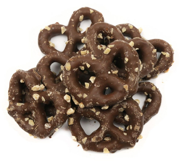 Mini milk chocolate covered pretzels, sprinkled with golden-brown toffee bits. Approx 93 per pound. Sweet, salty treat.