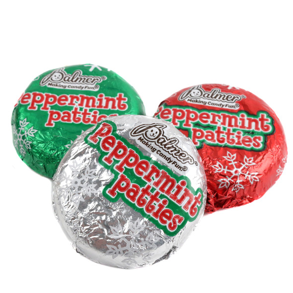 Palmer Christmas Peppermint Patties, individually foil-wrapped in festive red, green, silver. Rich chocolate, white peppermint.