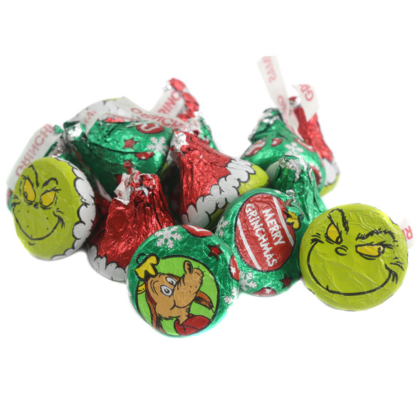 Grinch Hershey Kisses, milk chocolate, festive red & green Grinch foils, approx 90 per pound.