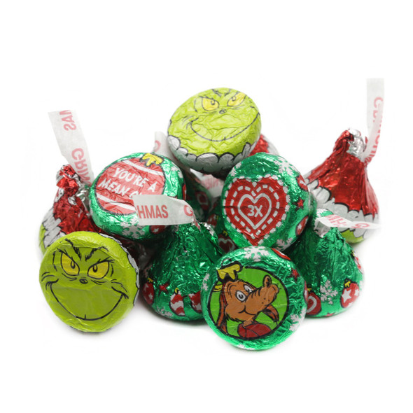 Grinch Hershey Kisses, milk chocolate, festive red & green Grinch foils, approx 90 per pound.