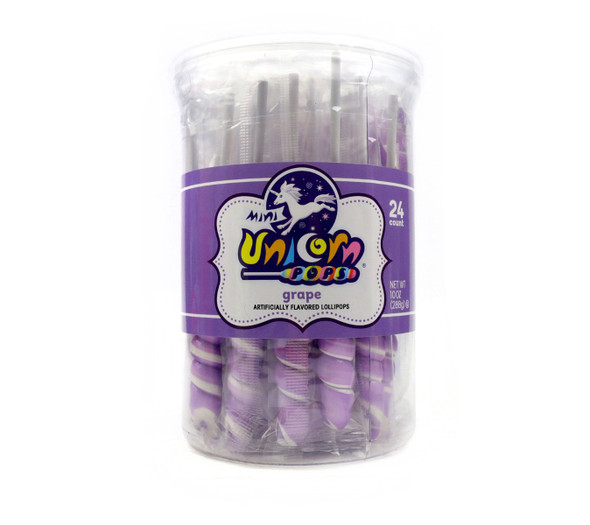 Vibrant purple mini unicorn lollipops, 24 individually wrapped grape candy flavored pieces.