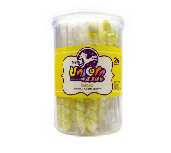 24 mini yellow unicorn lollipops, vibrant yellow, tangy lemon flavored.