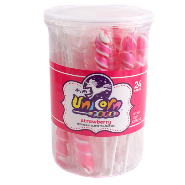 24 mini hot pink unicorn lollipops, individually wrapped strawberry candy pops.