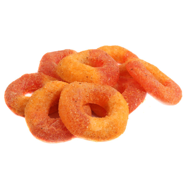Spicy Chamoy Watermelon Gummy Rings, vibrant red-orange, coated with chili powder, approximately 50 per pound.