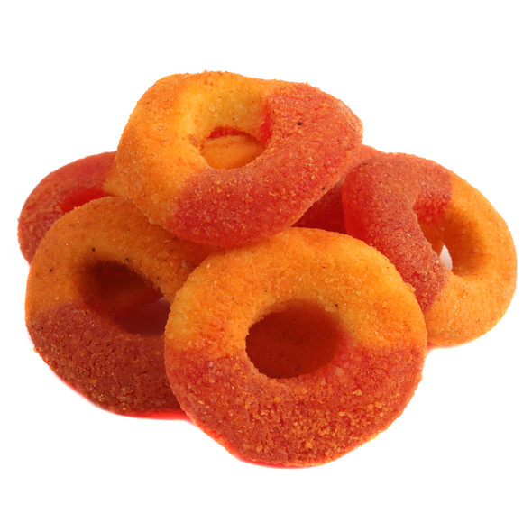 Vibrant orange Chamoy Peach Gummy Rings, spicy red coating, approx 50 per pound.