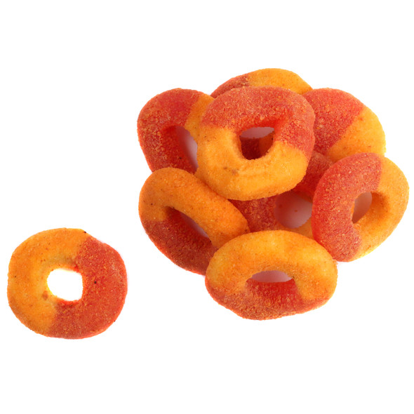 Vibrant orange Chamoy Peach Gummy Rings, sweet and spicy Mexican candy, approx 50 per pound.