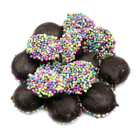Ashers Easter dark chocolate nonpareil coins, rich, creamy, and coated in vibrant pastel nonpareils.