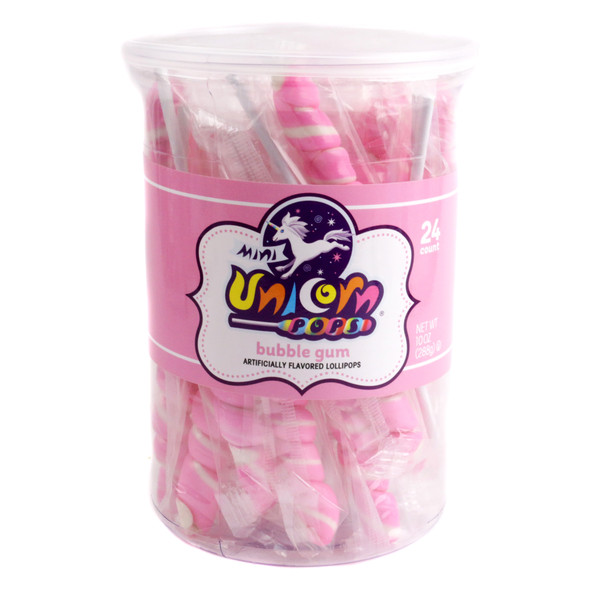24 mini light pink unicorn lollipops, bubble gum flavor, individually wrapped candy.