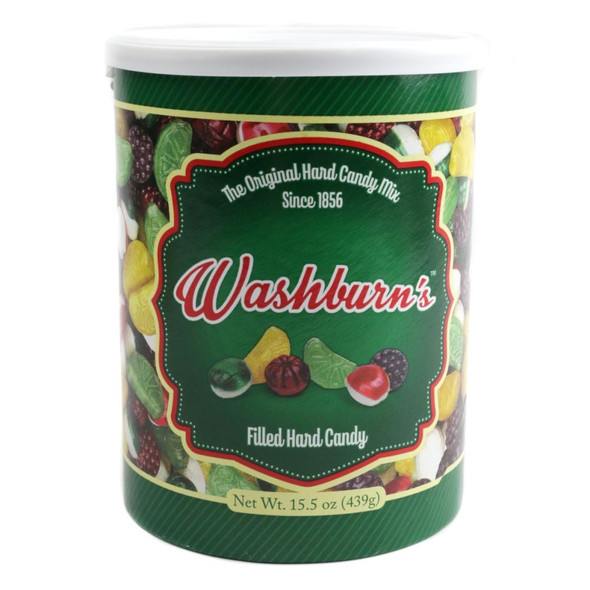 Washburn 15.5oz holiday canister, assorted chocolate filled hard candies, raspberry, citrus, peppermint. Festive Christmas gift.