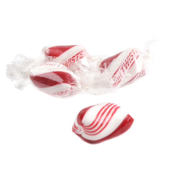 Red and white twisted peppermint Mint Twists hard candies, many pieces, refreshing mint flavor.