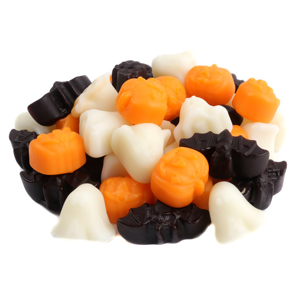 Ghoulish Halloween Gummies, orange pumpkins, white ghosts, black bats. Approx. 130 fruit-flavored gummies per pound.