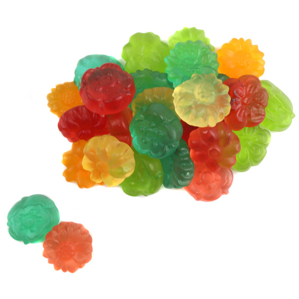 Detailed gummy flowers, vibrant pastel colors, bulk unwrapped candy for decorating cakes & cupcakes.