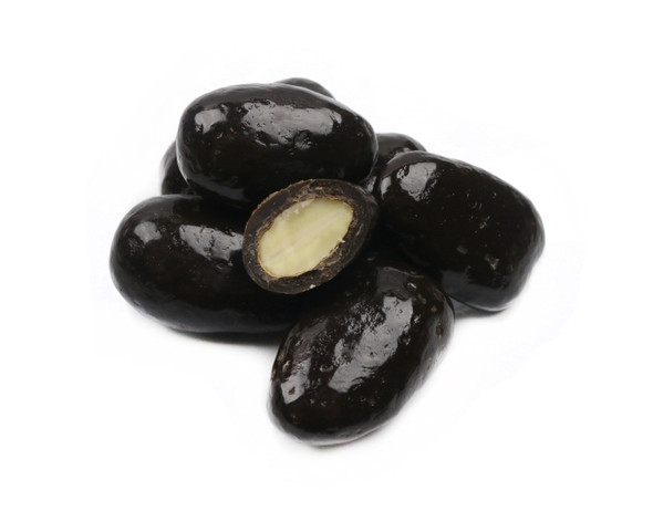 Albanese Dark Chocolate Almonds, many rich dark brown pieces, thick layer of smooth chocolate, crunchy roasted almonds.