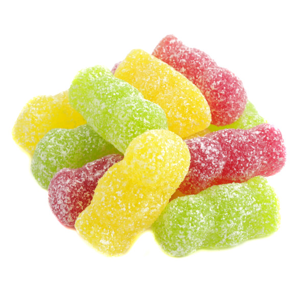 Sour Jelly Babies, an assortment of colorful grapefruit, lime, passion fruit sour gummy candies. Approx 70 pieces per pound.