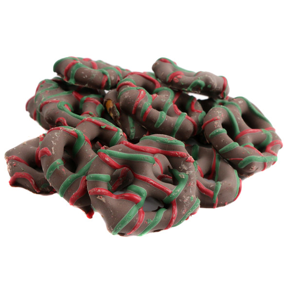 image of mini milk chocolate pretzels with red and gree drizzle christmas candy