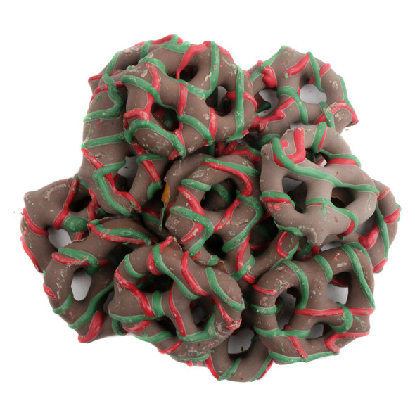 image of mini milk chocolate pretzels with red and gree drizzle christmas candy