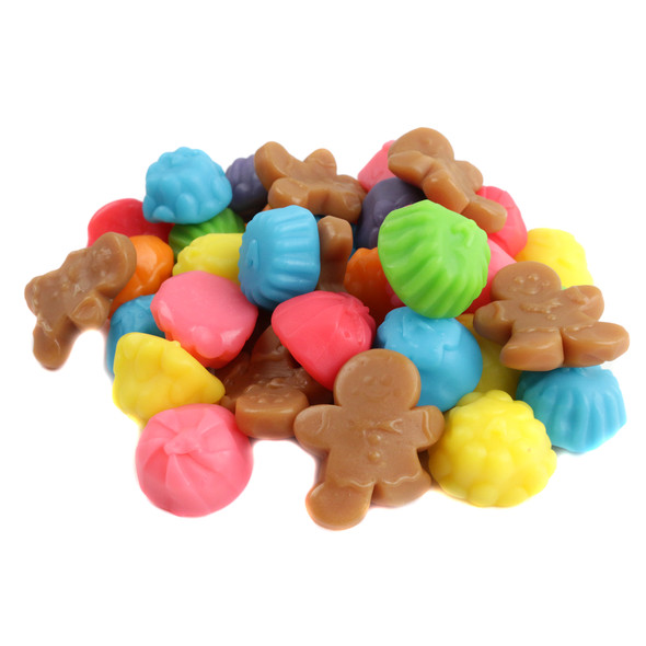 Festive Gingerbread Gummy Mix, colorful gingerbread men and gumdrops in blue, purple, yellow, orange, red, green.