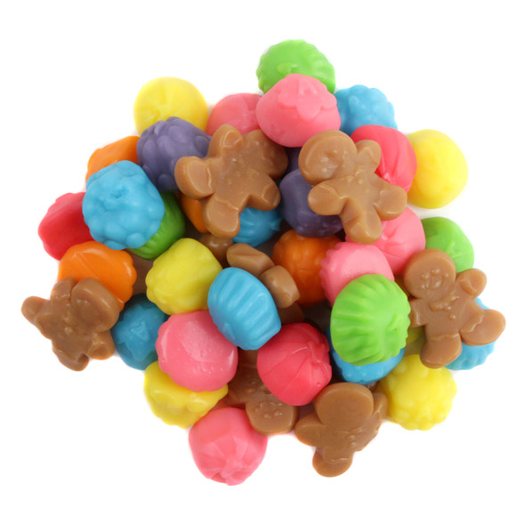 Colorful gingerbread man gummies, gumdrops, blue raspberry, grape, lemon, orange, strawberry, cherry, green apple.