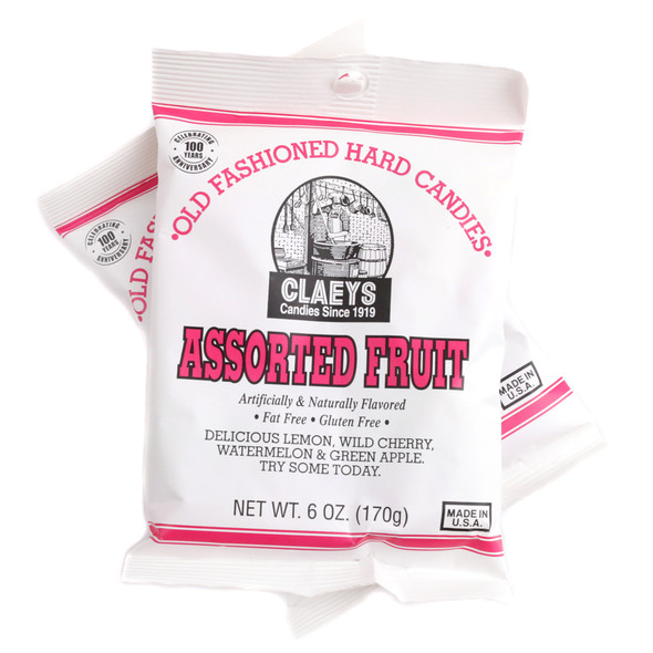 Claeys Hard Candy Drops, 6oz bag, assorted yellow lemon, red cherry, pink watermelon, green apple fruit flavors.