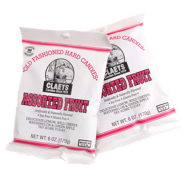 Claeys Hard Candy Drops, assorted yellow lemon, red cherry, pink watermelon, green apple flavors, 6oz bag.