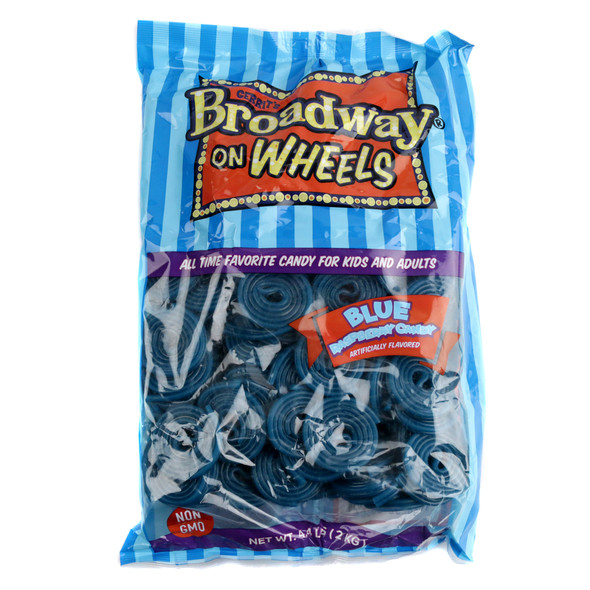 Blue Raspberry Licorice Wheels, 4.4LB bag. Tangy blue candy, approx. 198 sweet licorice rolls.
