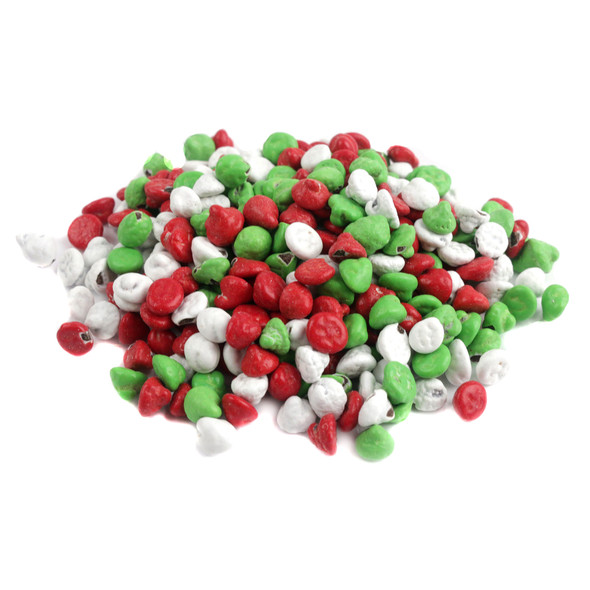 Red white and green candy coated mini chocolate chips, crunchy Christmas holiday dessert toppings, perfect for baking.