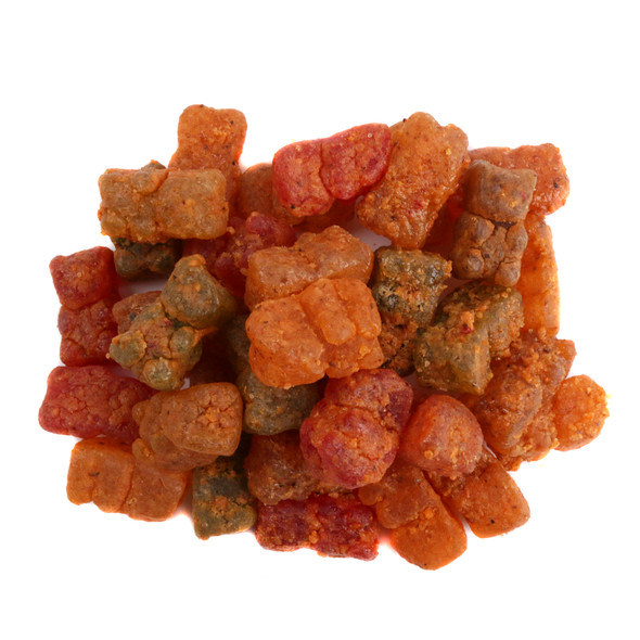 Revolcado Gummy Bears, colorful fruit-flavored, coated in red chamoy and spicy chili powder.