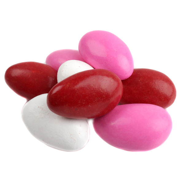 Valentine Dark Chocolate Covered Almonds, vibrant red, white, pink candy coated, 1 lb, approx 100.