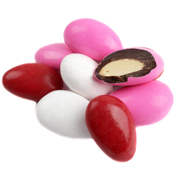 Valentine Dark Chocolate Covered Almonds, red, white, pink candy coating, crunchy, approx 100 per lb.
