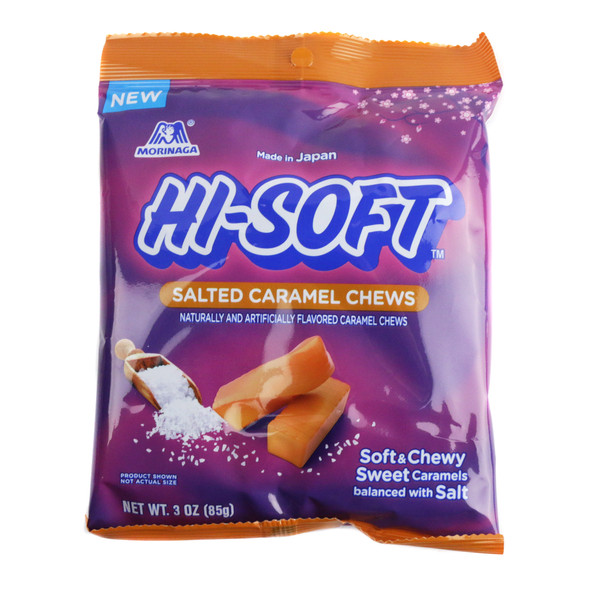 Hi Chew Hi-Soft Salted Caramel Chews, individually wrapped in a 3oz bag, approx. 17 caramel-colored pieces.