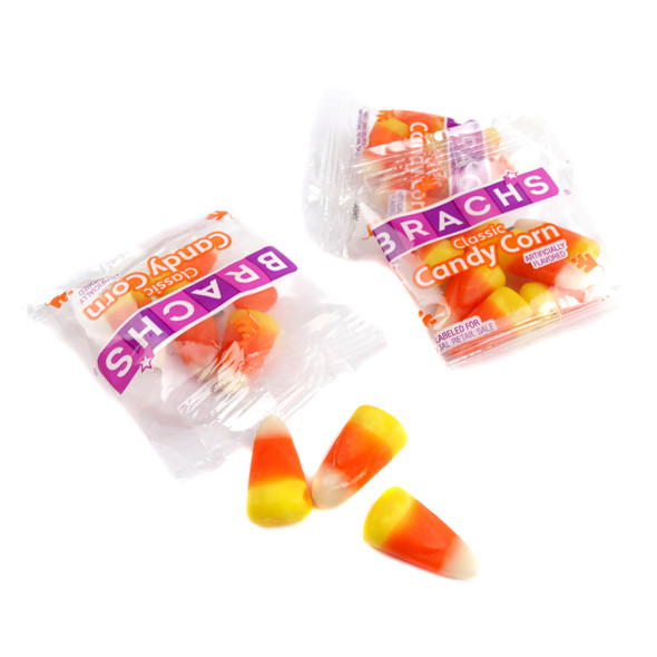 Brachs Candy Corn pouches, individual 0.5oz packs, classic white, orange, yellow Halloween candy with honey flavor.