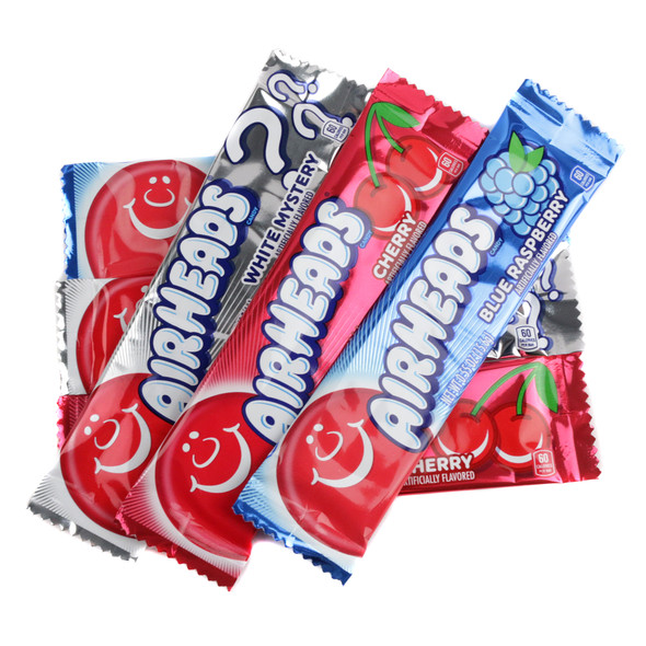 Airhead Patriotic Mix 36 pieces, vibrant red, white, and blue taffy candy. Cherry, Mystery, Blue Raspberry flavors for 4th of July.