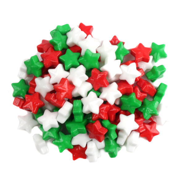 Red, White, Green Christmas Candy Stars. Bright, crunchy dextrose, star-shaped, approx. 720 pieces per pound.