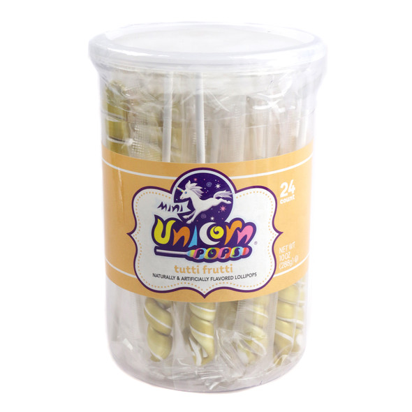 24 mini gold unicorn lollipops, individually wrapped, with a whimsical design and luscious fruit flavor.