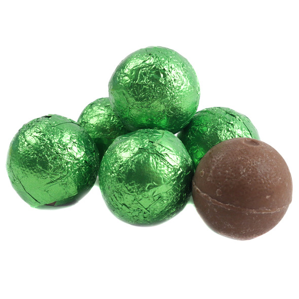 Green foil double chocolate balls, rich creamy chocolate, individually wrapped, approximately 35 per pound.